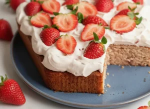 A hero shot of a Fresh Strawberry Sheet Cake in a rectangular shape, placed on a white marble countertop. The cake has a thick, luscious layer of pale pink frosting with beautiful swirls. The top is covered in an abundance of sliced fresh strawberries, including halves and round slices, showing their vibrant red interior. A single slice has been removed to reveal a moist, light pink cake crumb. Natural morning light streams in from the side, creating soft shadows. Minimalist white plates and a wooden cutting board are visible in the background with a sprig of fresh mint.