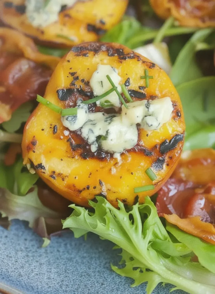 Grilled Peach Salad With Honey Vinaigrette A high-angle shot of ingredients prepped on a signature wooden cutting board. Halved fresh yellow peaches with the pits removed sit next to a small bowl of crumbled blue cheese, crispy rolled pancetta wheels, and a bundle of fresh chives. Bright morning light illuminates the marble countertop in the background, showing soft shadows and a clean, tidy setup. No hands, no people.