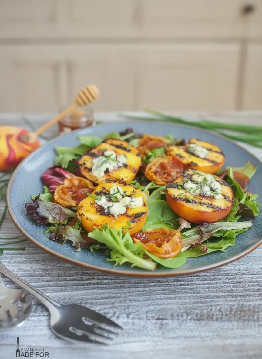 A close-up shot of yellow peach halves resting on a cast-iron grill pan, showing distinct dark caramelised char marks on their golden flesh. A few crumbles of blue cheese are beginning to melt slightly inside the warm cavities of the seared fruit. Clean presentation with warm tones and soft shadows. No hands, no people.
