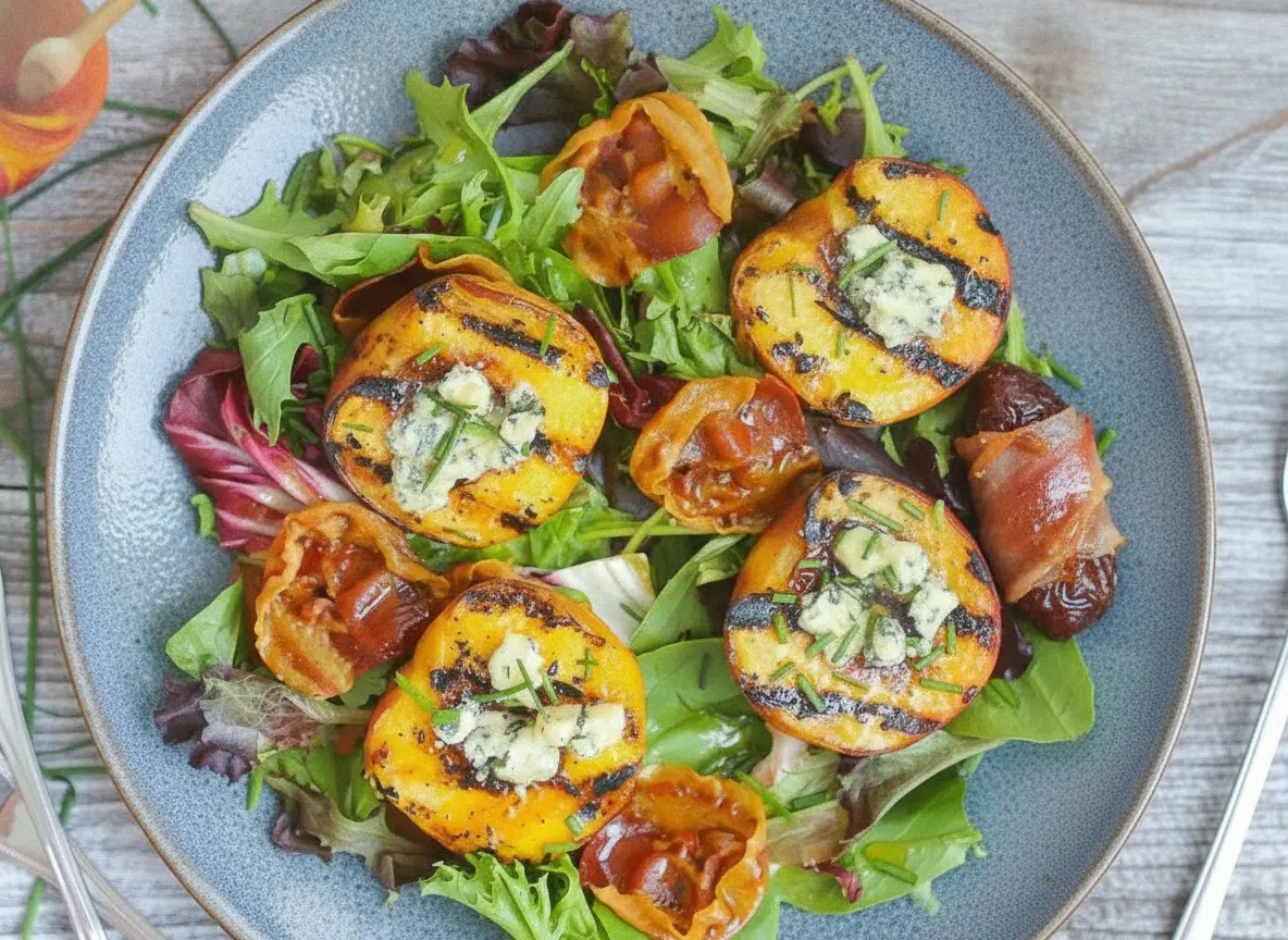 A beautifully composed hero shot of a grilled peach salad in a wide rustic wooden bowl, showcasing charred golden peach halves stuffed with melted crumbled blue cheese, nestled alongside crispy curled pancetta wheels on a bed of mixed baby greens and red radicchio. Finely snipped fresh chives are scattered over the top. The scene is shot on a marble countertop with soft warm morning light coming from an eastern window, casting gentle shadows. A small glass jar of honey with a wooden dipper is visible in the background next to fresh herbs. No hands, no people.