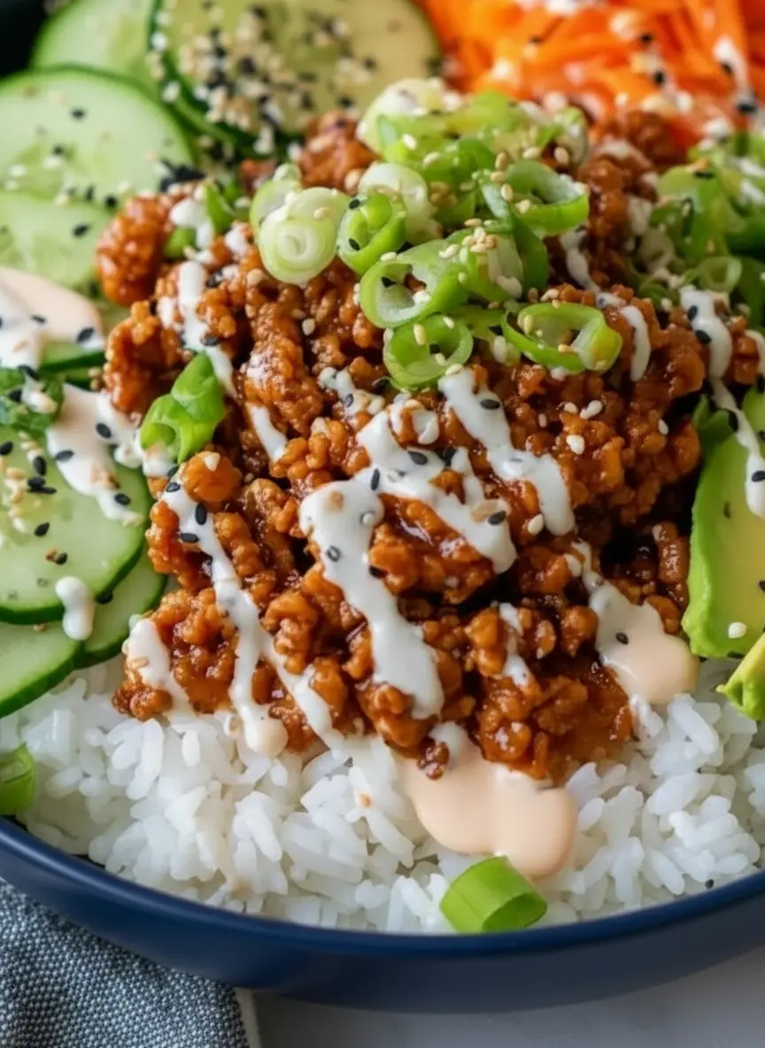 A top-down shot focusing on the preparation of ingredients for High-Protein Ground Turkey Rice Bowls. A rustic wooden cutting board holds neatly piled shredded carrots, a stack of sliced cucumbers, and a halved avocado with the pit removed. A small ceramic bowl of sesame seeds and a bunch of fresh green onions sit nearby on the marble surface. The scene is bright and airy with natural sunlight, emphasizing the fresh textures of the vegetables.