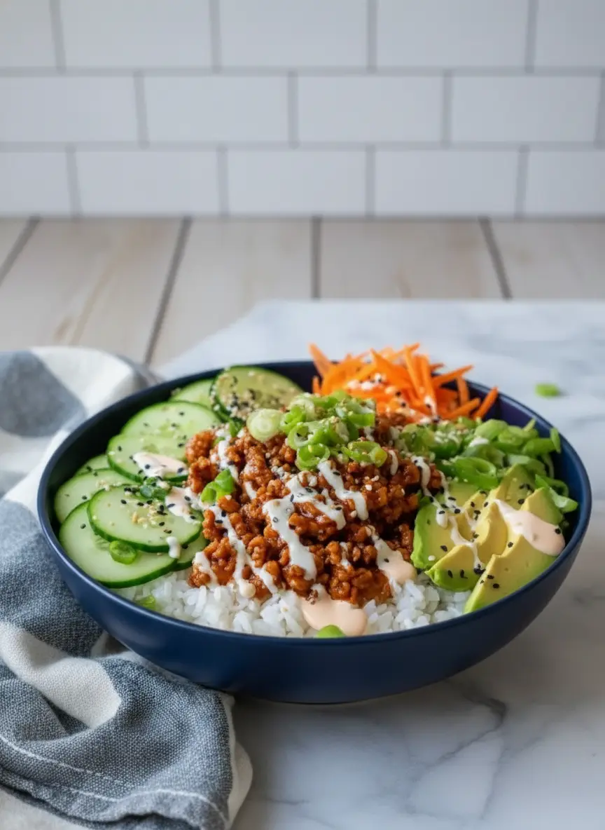 A mid-action technique shot of ground turkey browning in a dark skillet. Steam rises from the pan as the turkey develops golden-brown crispy edges. Minced garlic and ginger are visible among the meat crumbles. The skillet is centered on a clean stovetop in a minimalist kitchen with white tiles and a hint of a marble counter in the corner. The focus is sharp on the texture of the seared turkey.