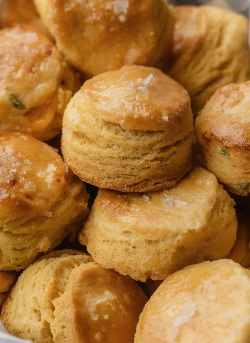 A 3:4 close-up shot of the prep process for Homemade Cornbread Biscuits. A ceramic bowl contains a mixture of white flour and yellow cornmeal, with cubes of cold butter being worked in. A silver pastry cutter rests in the bowl. The wooden cutting board is visible underneath, and a jar of honey stands nearby. Natural morning light creates soft shadows on the marble surface.