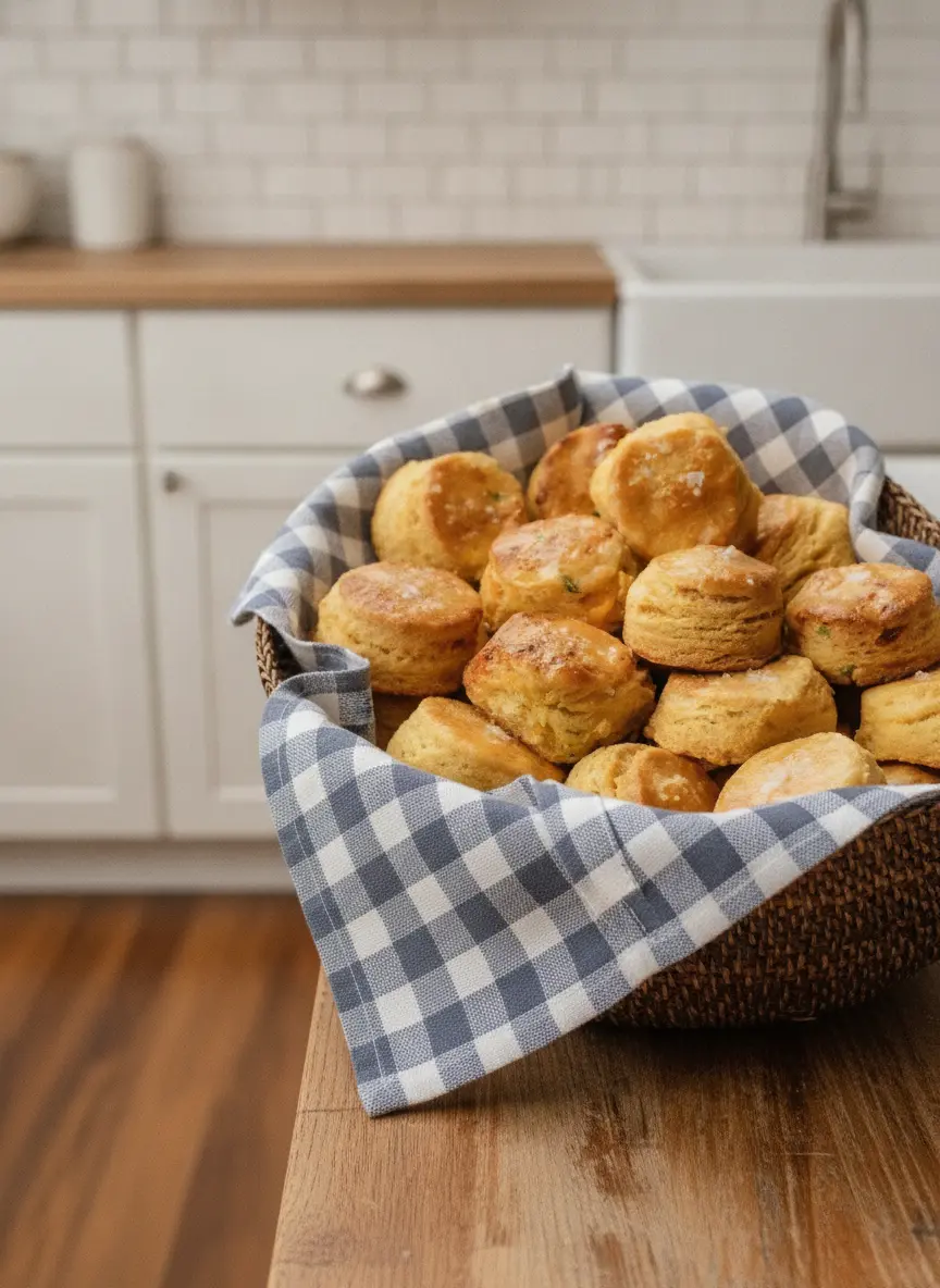 A 3:4 process shot showing the Homemade Cornbread Biscuits dough on a floured wooden cutting board. The dough is being folded over to create lamination, showing the yellow texture and specks of green jalapeño in one section. No hands are visible. The marble countertop and a small white bowl of extra flour are in the background. Clean, bright, and airy kitchen setting.