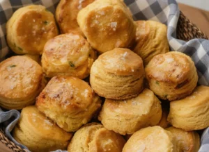 A high-angle 4:3 hero shot of a woven basket lined with a blue and white checkered cloth, overflowing with golden-brown Homemade Cornbread Biscuits. The biscuits are perfectly round with visible flaky layers, topped with large sparkling sea salt flakes and a glistening honey glaze. The scene is set on a white marble countertop with soft morning light from the side, with a wooden cutting board and a small sprig of fresh chives in the blurred background. Warm tones, clean presentation.
