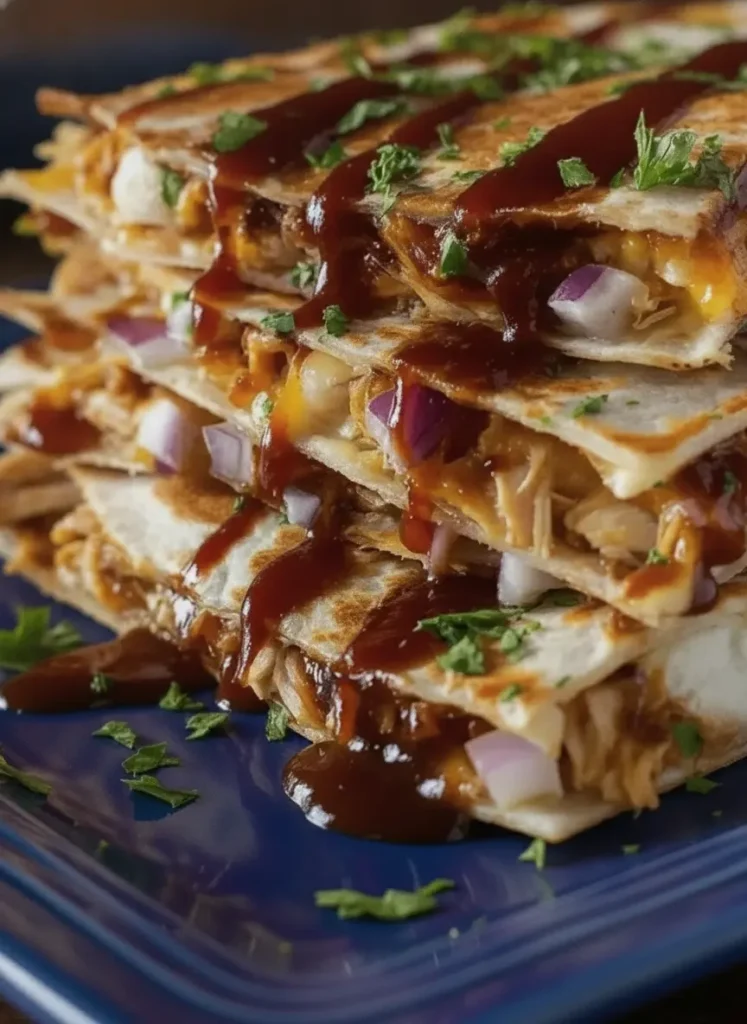 Hot Honey BBQ Chicken Quesadillas Image 1: Prep focus. A signature wooden cutting board on a marble countertop holds a white ceramic bowl filled with shredded rotisserie chicken, a small glass jar of golden honey with red chili flakes, and a pile of finely diced purple red onions. Fresh cilantro leaves are scattered nearby. Soft, natural morning light creates gentle shadows.