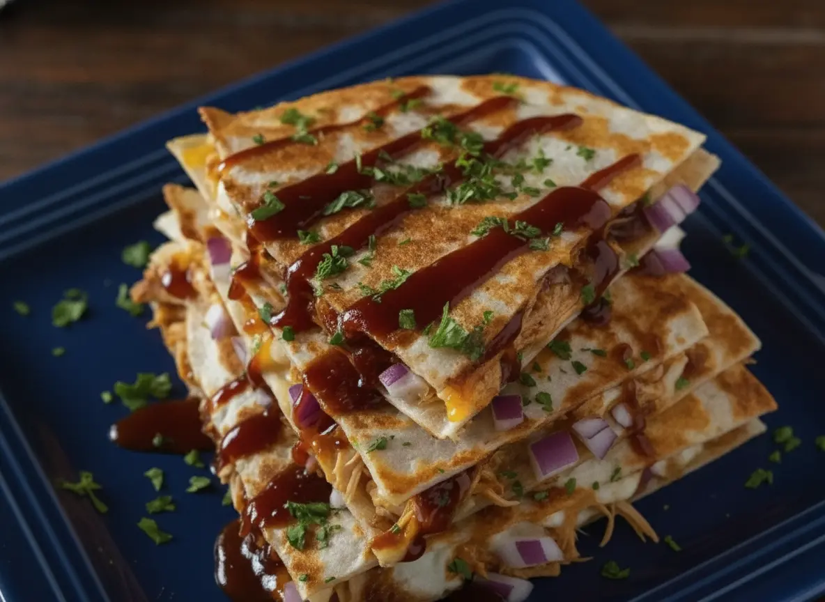 A tall, appetizing stack of Hot Honey BBQ Chicken Quesadilla triangles on a minimalist white plate. The tortillas are perfectly golden-brown and crispy. Thick ribbons of dark, glossy BBQ honey sauce are drizzled artistically over the stack. Visible inside are shreds of chicken, melted gooey Monterey Jack cheese, and small bits of purple red onion. Sprinkled with fresh green parsley. Background features a marble countertop, a wooden cutting board, and soft morning light from a window, warm tones, clean presentation.