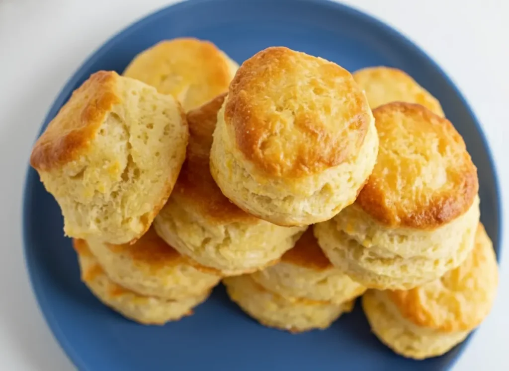 A tall, majestic stack of eight golden-brown buttermilk biscuits on a minimalist white marble countertop. The biscuits have visible, flaky horizontal layers and slightly rustic, uneven tops with a golden sheen. The scene is illuminated by soft, natural morning light coming from the side, creating gentle shadows. In the background, a hint of fresh green herbs is visible in a small ceramic jar. The composition is clean and focused, highlighting the buttery texture of the biscuits. 4:3 aspect ratio.