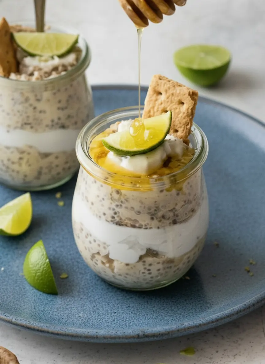 A prep-focused shot on a marble countertop featuring a ceramic bowl filled with dry rolled oats, black chia seeds, and bright green lime zest. A small wooden bowl nearby holds fresh lime slices. The scene is lit with warm, natural light, highlighting the textures of the grains and the zest.