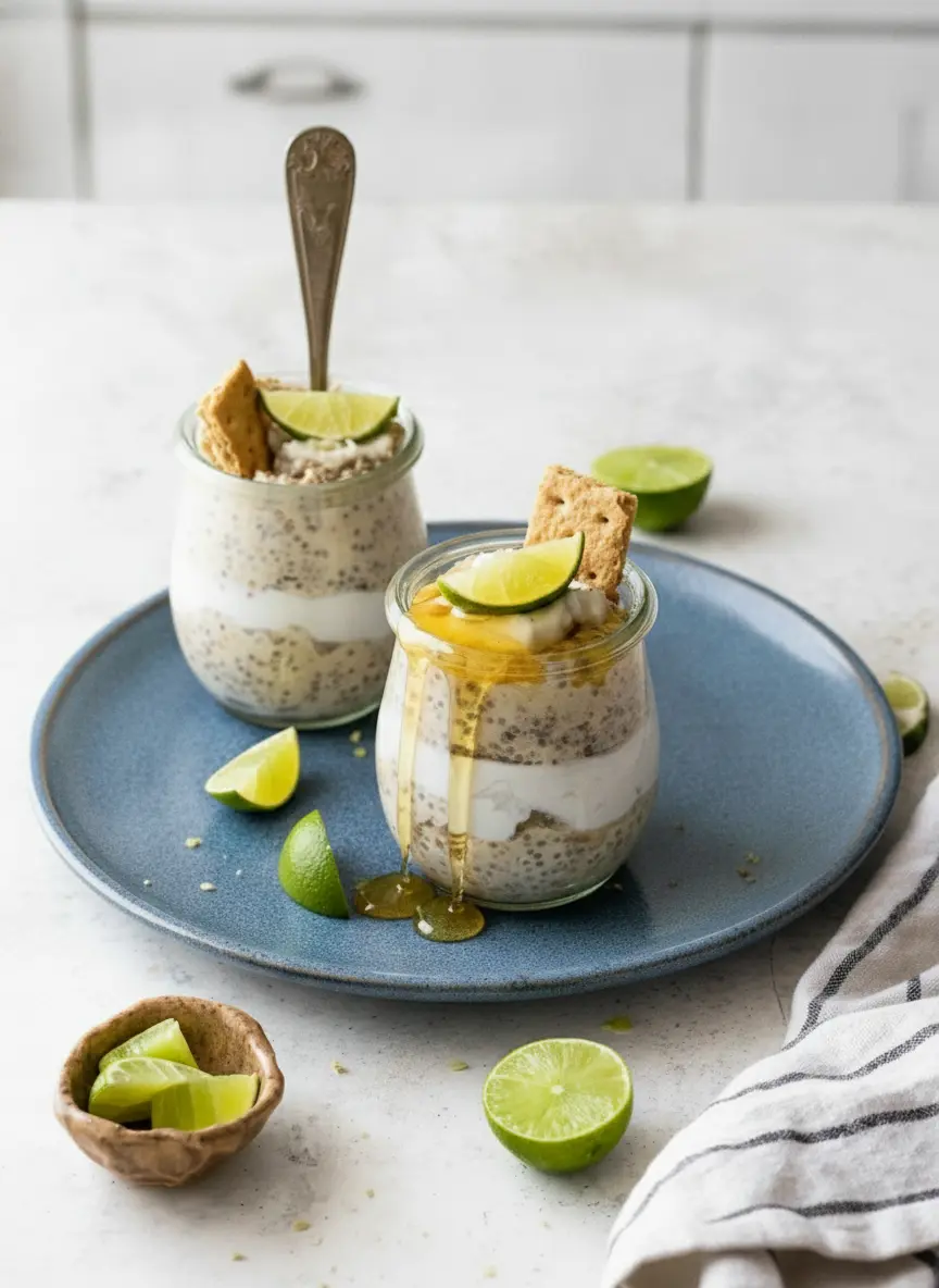 A technique-focused shot showing a clear glass jar halfway filled with the oat and chia mixture. A spoonful of thick, white Greek yogurt is being placed in the center to create a clean middle layer. The wooden cutting board is visible underneath, and the background is a clean, tidy kitchen with fresh herbs.