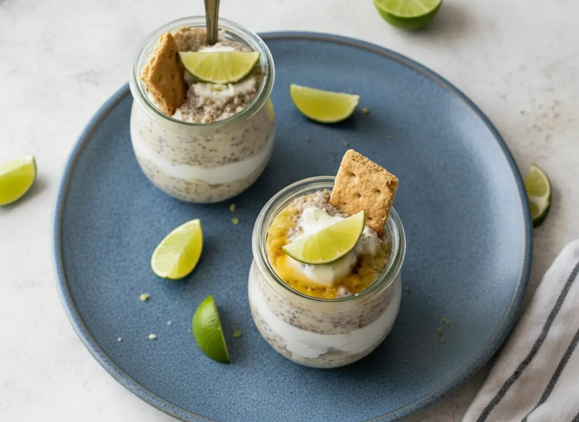 A hero shot of two glass jars filled with Key Lime Pie Overnight Oats sitting on a rustic wooden cutting board atop a white marble countertop. The jars show distinct layers of pale green-tinted oats and a bright white yogurt center. One jar is topped with a large graham cracker shard, a fresh lime wedge, and a glistening honey drizzle. A wooden honey dipper is suspended above one jar with a single golden drop falling. Natural morning light creates soft shadows. Fresh lime halves and zest are scattered around the board.