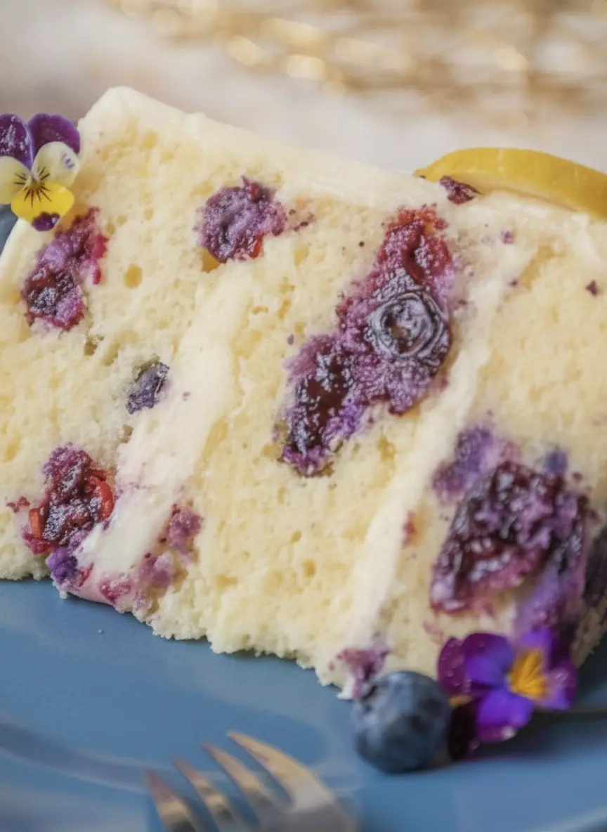 A top-down view of the preparation process for Lemon Blueberry Buttermilk Cake. A minimalist white bowl contains yellow batter with fresh blueberries being folded in. Next to the bowl are fresh lemons, a pile of zest, and a wooden scoop of flour on a white marble surface. Soft morning shadows cross the scene. 3:4 aspect ratio.