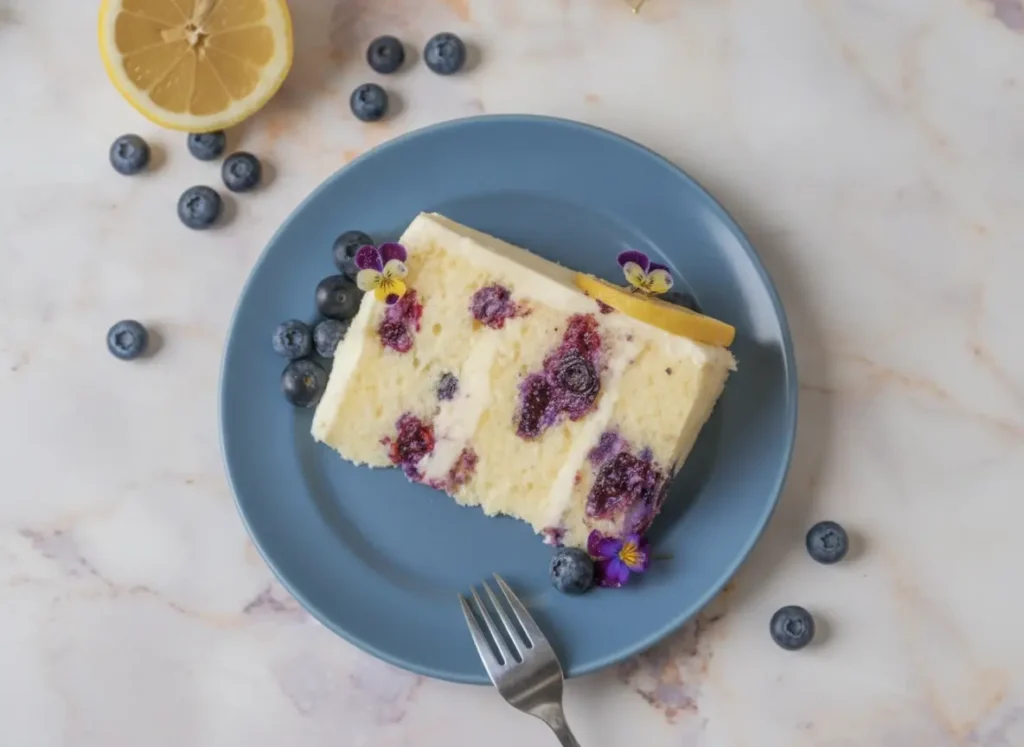 A hero shot of a thick slice of Lemon Blueberry Buttermilk Cake sitting on a minimalist white ceramic plate. The cake has visible layers with white cream frosting and large purple blueberry bursts. A thin lemon wheel and small purple pansies garnish the top. The scene is set on a white marble countertop bathed in soft, natural morning light from an east-facing window, with a wooden cutting board and fresh herbs blurred in the background. 4:3 aspect ratio.