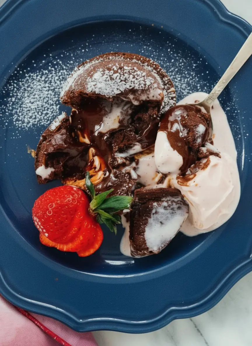 A 3:4 vertical shot of the ingredient prep for Mini Lava Cakes for Two. On a wooden cutting board over a marble counter, there is a small bowl of dark chocolate chips, two eggs, a small jar of vanilla, and a stick of butter. Fresh mint leaves are visible in the background in a small jar. Natural morning light creates a clean, tidy presentation.