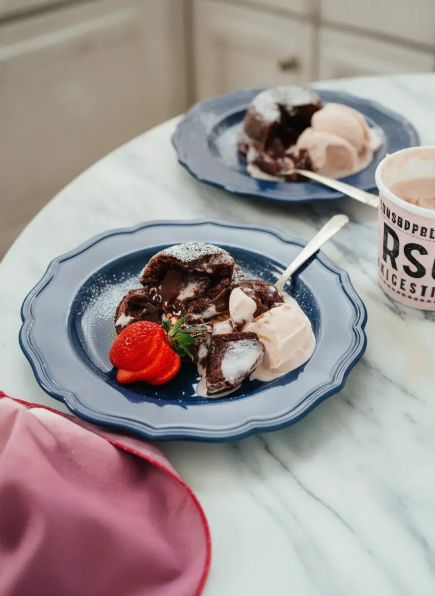 A 3:4 vertical process shot showing two white ceramic ramekins on the marble counter. The ramekins are coated in butter and cocoa powder, and one is being filled with thick, glossy dark chocolate batter. A wooden spoon rests nearby. The scene is shot with a shallow depth of field, focusing on the texture of the batter.