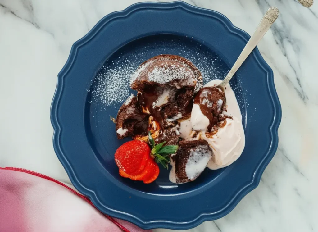 A high-angle 4:3 hero shot of a Mini Lava Cake for Two on a white scalloped ceramic plate, placed on a white marble countertop with soft morning light from the side. The cake is broken open with a vintage silver spoon, revealing a thick molten chocolate center spilling out. A single bright red strawberry and a scoop of melting strawberry-vanilla swirled ice cream sit beside it. A light dusting of powdered sugar covers the top of the cake. Warm tones and soft shadows.