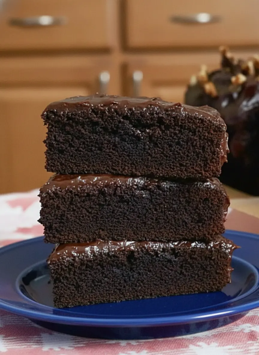 A technique-focused shot showing the dark, rich chocolate banana batter poured into an 8x8 square baking pan lined with clean white parchment paper. The batter is glossy and smooth, with a few tiny air bubbles on the surface. The pan is resting on a weathered wooden board in a bright, clean kitchen setting, capturing the clean edges and morning light, no hands or people.