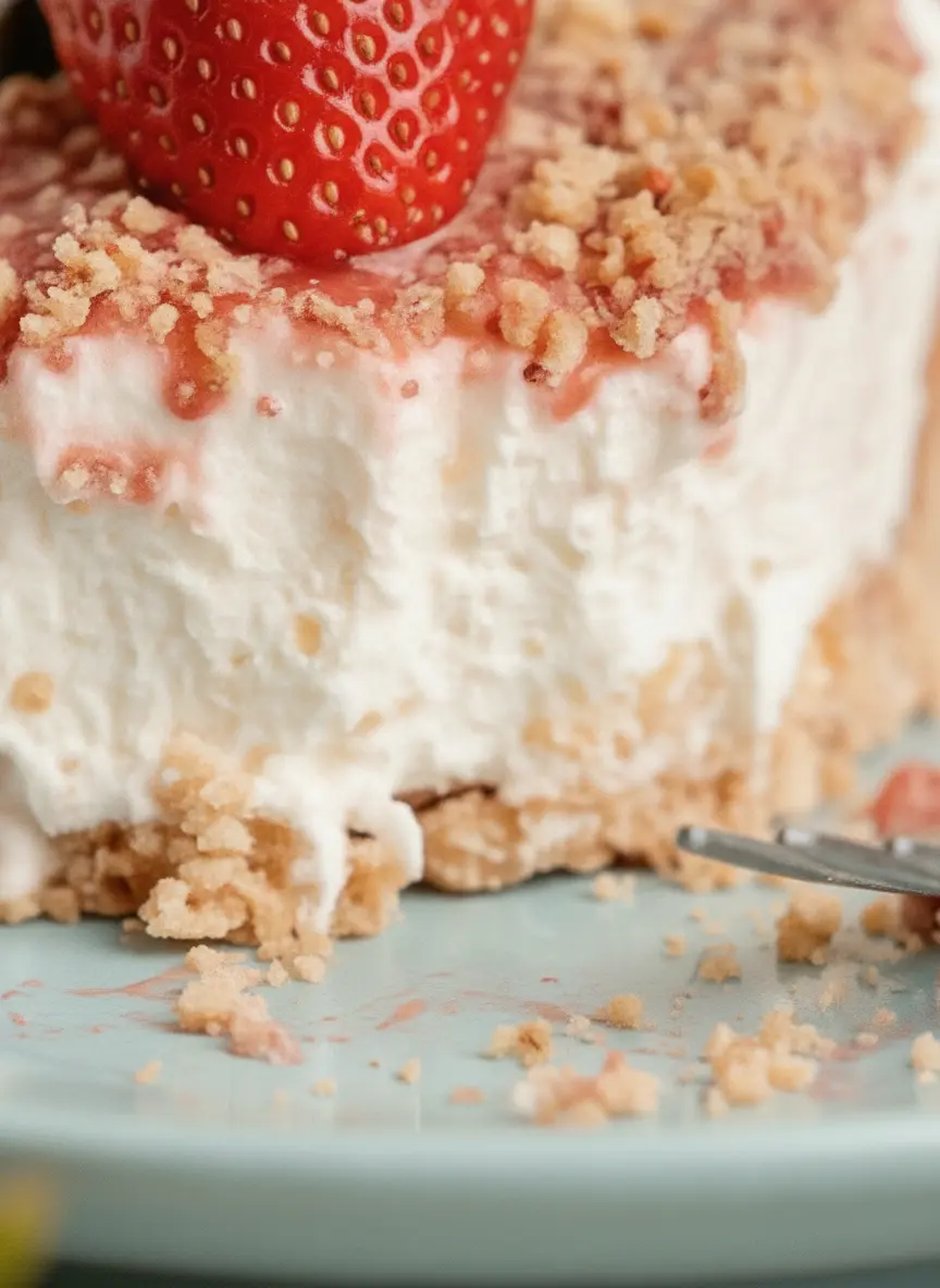 A 3:4 vertical shot of the prep area on a marble countertop. A wooden bowl filled with fresh, bright red strawberries sits next to a glass jar of strawberry jam and a pile of crushed golden cookies. A wooden cutting board and a sprig of fresh mint are in the background. The lighting is bright and airy from a side window. No hands or people.