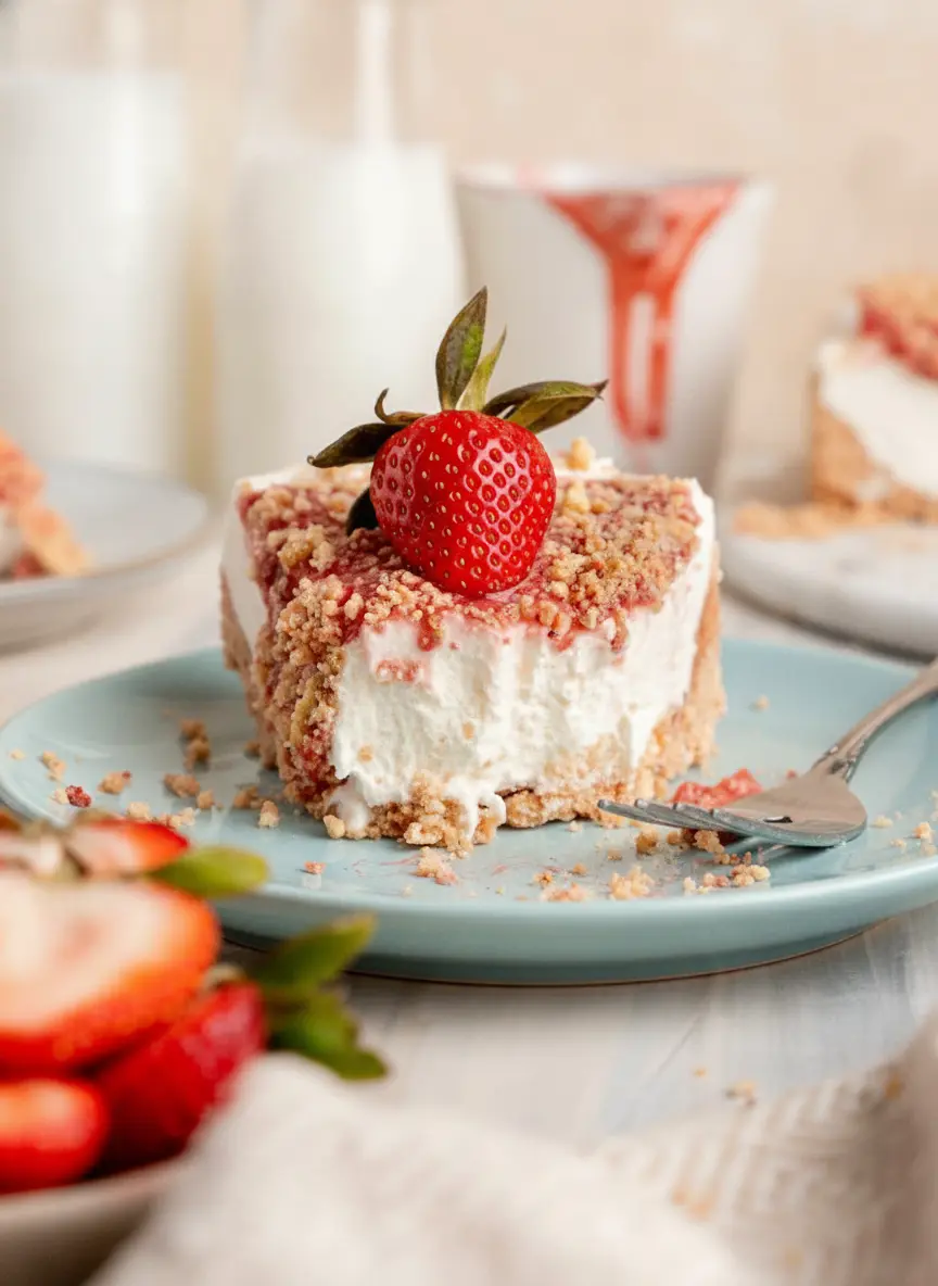 A 3:4 vertical shot focusing on the technique of layering the No Bake Strawberry Crunch Cheesecake. A round springform pan sits on a wooden board. The smooth white cream cheese filling is partially topped with a glossy red strawberry sauce that is being spread toward the edges. A bowl of the golden crunch topping is nearby. Natural warm tones and clean kitchen aesthetic. No hands or people.