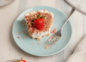 A single slice of No Bake Strawberry Crunch Cheesecake on a minimalist light grey ceramic plate. The cheesecake has a thick, golden-brown cookie crust, a dense white cream cheese layer, and is topped with a vibrant red strawberry glaze and a textured golden crumble. A whole fresh strawberry with green leaves sits on top. The plate is positioned on a white marble countertop with soft morning light from an east window creating gentle shadows. In the blurred background, a wooden cutting board and a glass milk bottle are visible. No hands or people. 4:3 ratio.