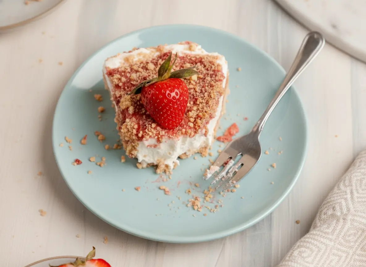 A single slice of No Bake Strawberry Crunch Cheesecake on a minimalist light grey ceramic plate. The cheesecake has a thick, golden-brown cookie crust, a dense white cream cheese layer, and is topped with a vibrant red strawberry glaze and a textured golden crumble. A whole fresh strawberry with green leaves sits on top. The plate is positioned on a white marble countertop with soft morning light from an east window creating gentle shadows. In the blurred background, a wooden cutting board and a glass milk bottle are visible. No hands or people. 4:3 ratio.