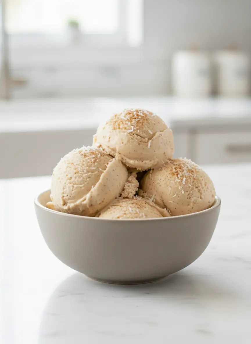 A technique-focused shot showing the process of folding white whipped cream into a pale tan spiced coconut mixture. The mixture is in a clear glass bowl sitting on a marble surface next to a wooden accent. No hands or people. 3:4 aspect ratio.