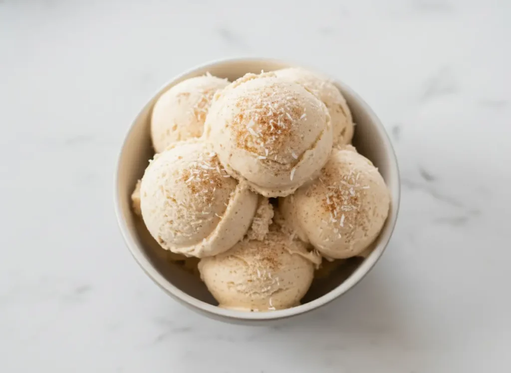 A high-angle hero shot of three scoops of creamy tan No-Churn Coquito Ice Cream with visible cinnamon specks, served in a brown patterned ceramic bowl. The bowl sits on a weathered wooden cutting board on a white marble countertop. In the background, a whole coconut and green tropical leaves are visible. Soft morning light enters from the side, creating warm tones and gentle shadows. 4:3 aspect ratio.