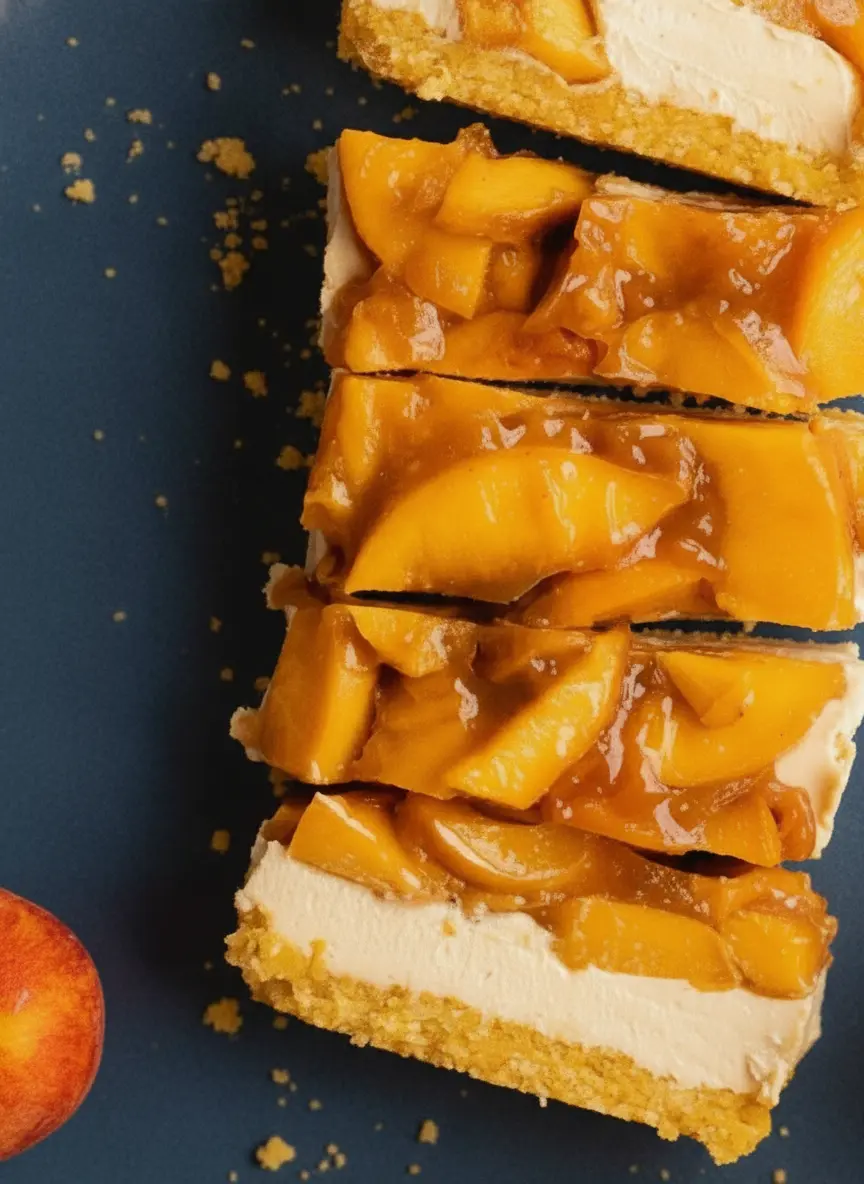 Image 1: A top-down shot of the ingredients for Peach Cheesecake (No Bake and Vegan) on a clean marble countertop. A white ceramic bowl contains soaked cashews, a small wooden bowl holds almond flour crumbs, and two whole ripe peaches rest on the surface. Fresh sprigs of mint are visible in the corner under soft, natural morning light.