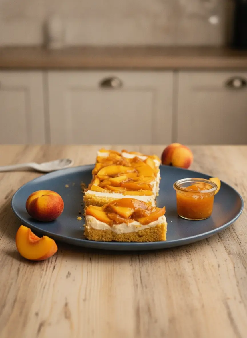 Image 2: A process shot on a wooden cutting board showing the middle of the assembly for Peach Cheesecake (No Bake and Vegan). The white cashew cream is being spread evenly across the crust using a minimalist white spatula. The scene has warm tones and soft shadows, with a bowl of sliced glazed peaches waiting nearby.
