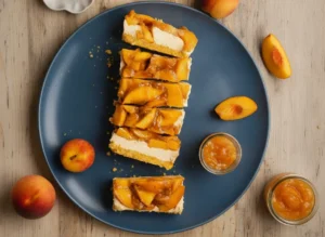 A hero shot of Peach Cheesecake (No Bake and Vegan) sliced into five perfect rectangular bars on white parchment paper. The bars feature a golden-yellow crumbly crust, a thick layer of off-white creamy filling, and a generous topping of vibrant orange peach wedges coated in a thick translucent glaze. The scene is set on a light-colored wooden table in a kitchen with soft morning light from an east window. A whole peach and a small jar of peach glaze are visible in the soft-focus background near a marble countertop edge.