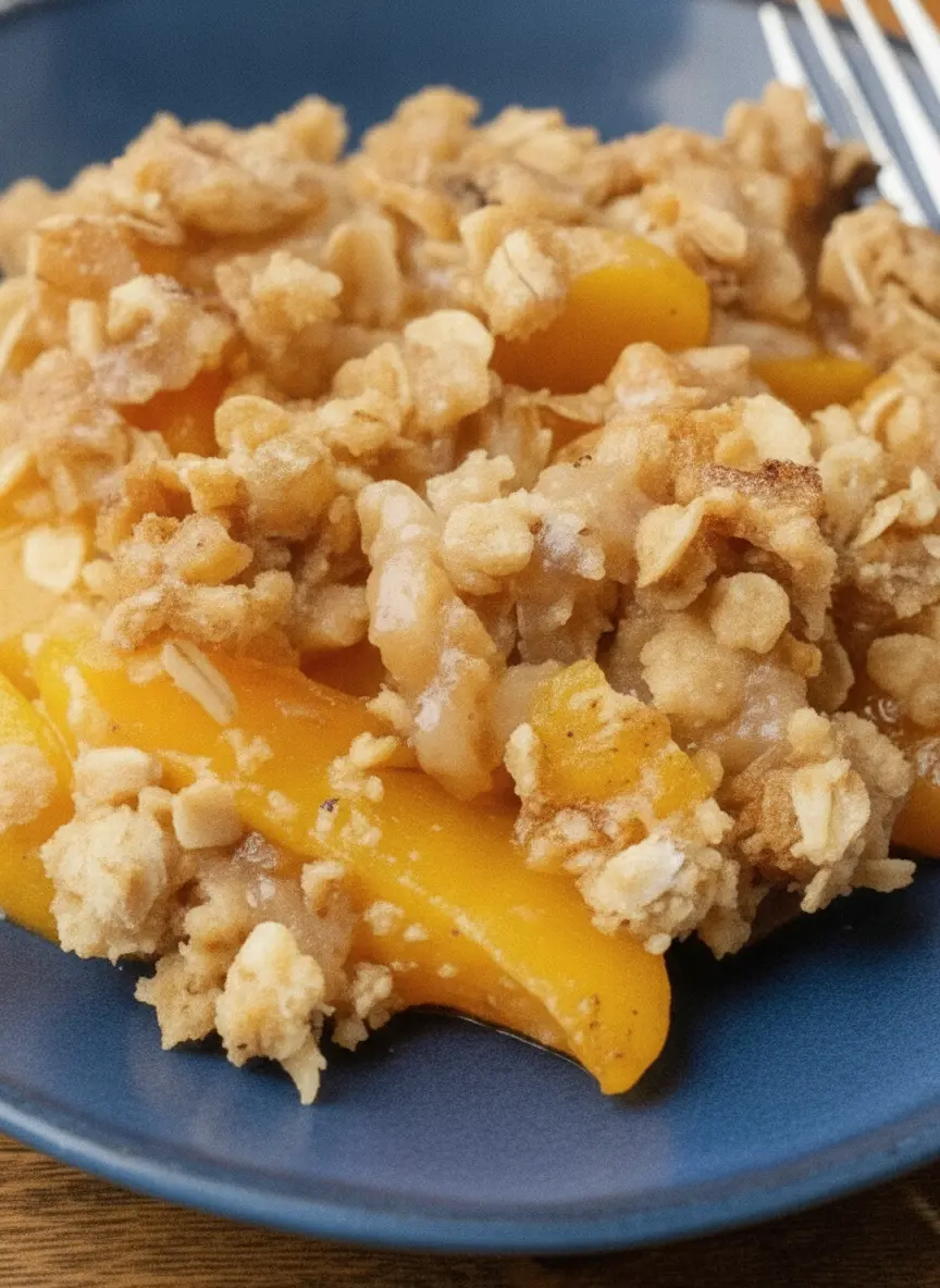 A preparation shot on a marble counter showing two open cans of bright yellow sliced peaches and a bowl of raw oats and brown sugar. The signature wooden cutting board and a striped kitchen towel are visible. 3:4 aspect ratio.