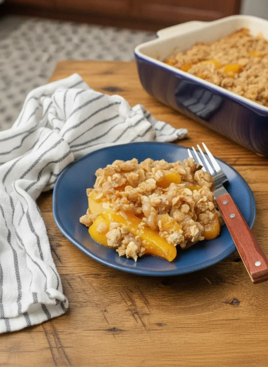 A close-up process shot showing the chunky oat crumble being spread over the yellow peaches in the blue ceramic dish. The texture of the butter clumps is prominent, capturing the same style as the provided image. 3:4 aspect ratio.