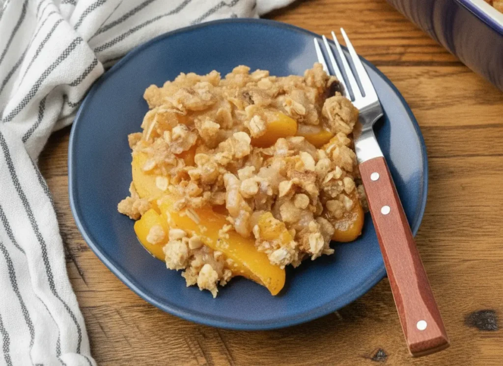 A hero shot of a golden-brown Peach Crisp with Canned Peaches in a deep blue ceramic baking dish, placed on a white marble countertop with a rustic wooden cutting board underneath. Natural morning light from the east window creates soft shadows. Fresh mint sprigs are visible in the background. The topping is chunky with oats and flour, mirroring the sugary texture of the provided image. 4:3 aspect ratio.