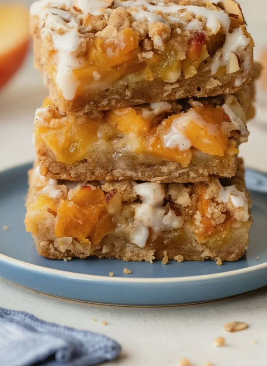 A prep-focused shot on a signature wooden cutting board. Ripe, orange-fleshed peaches are partially sliced into thick chunks next to a small bowl of sliced almonds. A marble countertop serves as the background, with a clean white ceramic bowl of flour nearby. Natural, warm morning light. No hands.