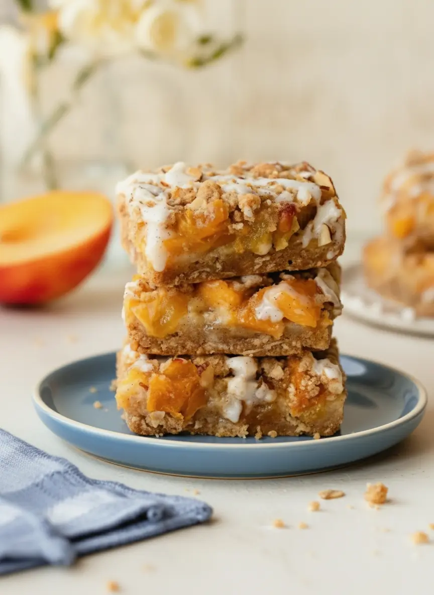 A process shot of the Peach Pie Crumb Bars in a rectangular metal baking pan. Half of the pan is covered in the juicy, bright orange peach filling, while the other half shows the raw almond-studded crumb topping being distributed. The pan sits on a marble surface with soft shadows. No hands.