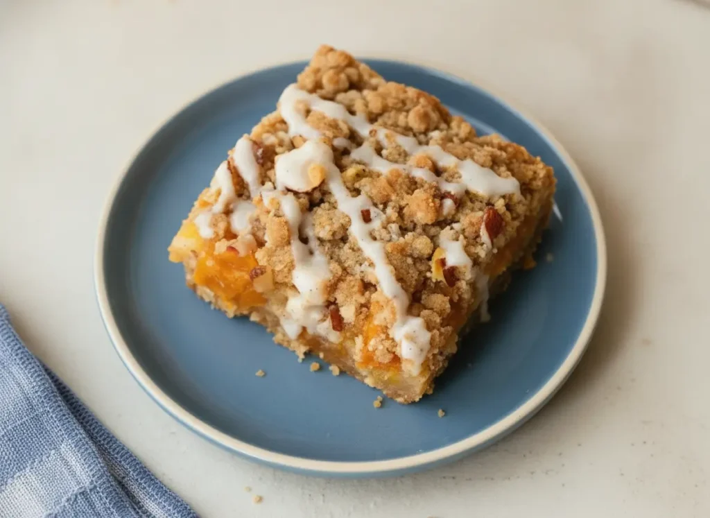 A hero shot of three Peach Pie Crumb Bars stacked on a vibrant orange ceramic plate. The bars show clear layers: a thick shortbread base, a chunky bright orange peach filling, and a golden crumb topping with visible sliced almonds. A thick white vanilla glaze is drizzled artistically over the stack. In the background, a halved fresh peach sits on a marble countertop. The scene is illuminated by soft, natural morning light from an east window, creating gentle shadows. No hands, no people.
