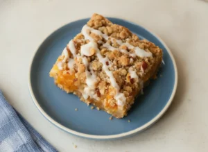 A hero shot of three Peach Pie Crumb Bars stacked on a vibrant orange ceramic plate. The bars show clear layers: a thick shortbread base, a chunky bright orange peach filling, and a golden crumb topping with visible sliced almonds. A thick white vanilla glaze is drizzled artistically over the stack. In the background, a halved fresh peach sits on a marble countertop. The scene is illuminated by soft, natural morning light from an east window, creating gentle shadows. No hands, no people.