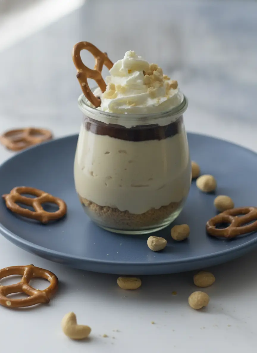 The process of piping a tan, creamy peanut butter cheesecake mixture into small glass jars already containing a pressed pretzel crust. The jars are lined up on a white marble surface, showing the clean separation between the salty base and the smooth protein filling. Soft natural light, no hands. 3:4 aspect ratio.