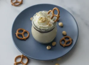 A hero shot of a single Peanut Butter Protein Cheesecake Cup with Pretzel Crust in a small glass jar, sitting on a terracotta-colored ceramic plate. The cup features a visible bottom layer of golden crushed pretzels, a thick tan peanut butter cheesecake layer, a thin dark chocolate ganache layer, and a high peak of white whipped cream. A single mini pretzel is tucked into the side of the whipped cream, dusted with peanut crumbles. The scene is set on a white marble countertop with soft morning light from an east window casting gentle shadows. Whole peanuts are scattered artistically around the plate. 4:3 aspect ratio.