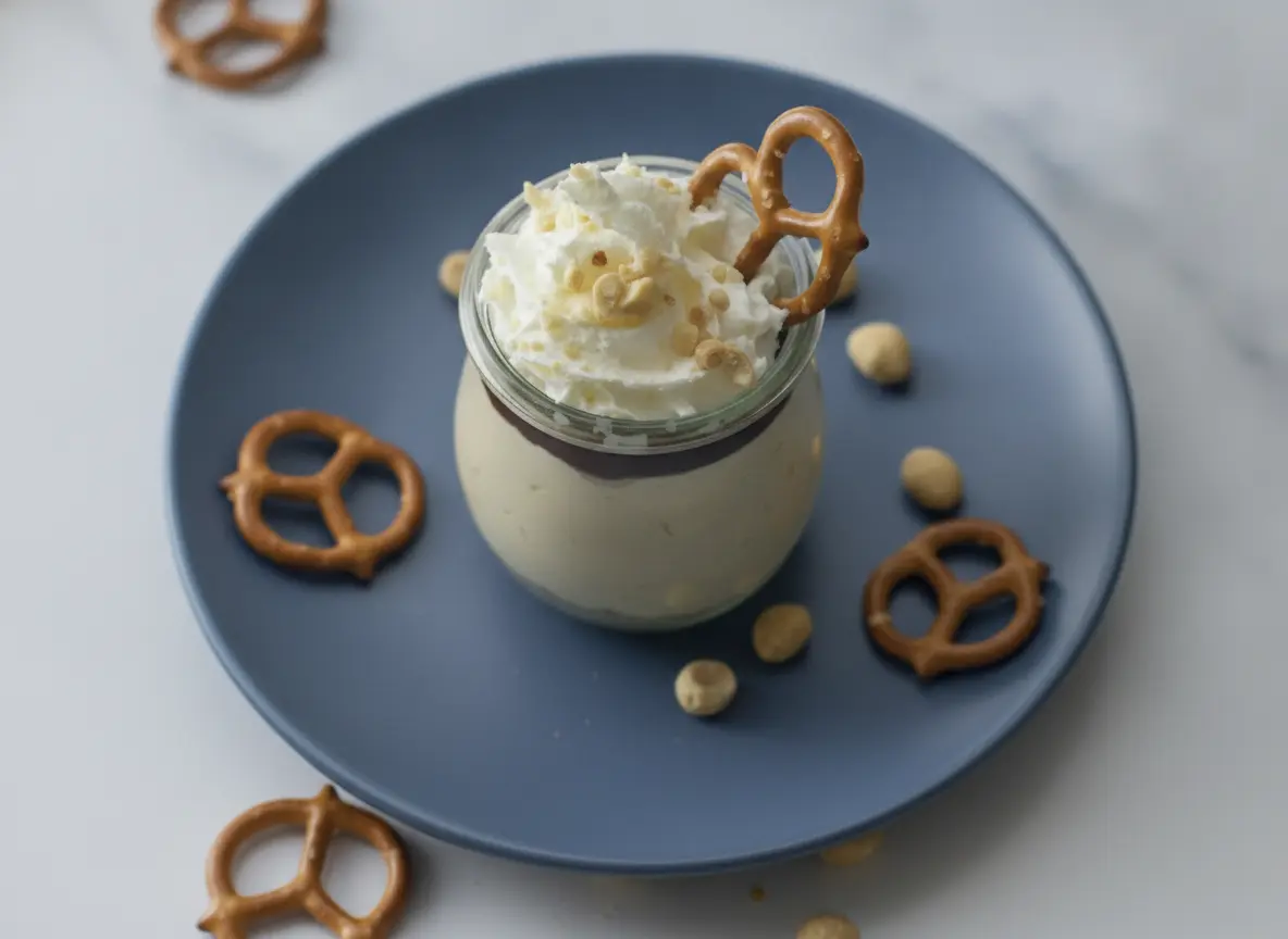 A hero shot of a single Peanut Butter Protein Cheesecake Cup with Pretzel Crust in a small glass jar, sitting on a terracotta-colored ceramic plate. The cup features a visible bottom layer of golden crushed pretzels, a thick tan peanut butter cheesecake layer, a thin dark chocolate ganache layer, and a high peak of white whipped cream. A single mini pretzel is tucked into the side of the whipped cream, dusted with peanut crumbles. The scene is set on a white marble countertop with soft morning light from an east window casting gentle shadows. Whole peanuts are scattered artistically around the plate. 4:3 aspect ratio.