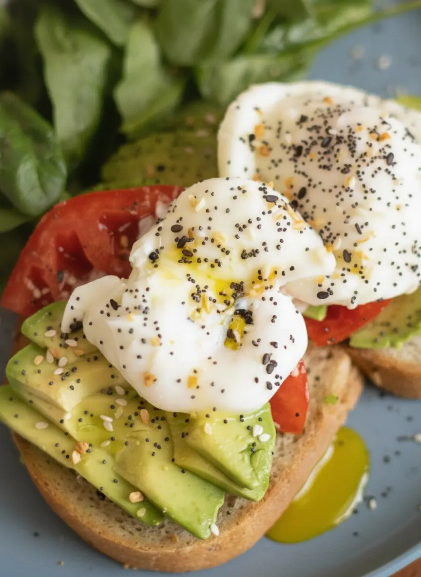 A 3:4 close-up focus on the prep stage. A small white ceramic bowl filled with clear water sits on a marble surface next to a single brown egg and a glass jar of everything bagel seasoning. A wooden cutting board with a half-sliced avocado and a bright red tomato is in the background, illuminated by warm east window light.