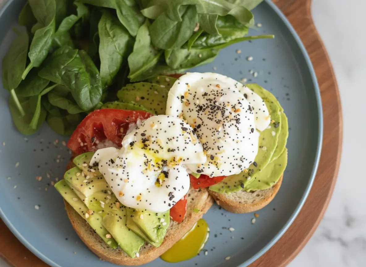 A high-angle 4:3 hero shot on a marble countertop with soft morning light. A minimalist white plate holds two golden-toasted bagel halves topped with thick heirloom tomato slices and fanned avocado. Two perfectly white Microwave Poached Eggs sit on top, one with the yolk broken and spilling a vibrant yellow onto the plate. The eggs are heavily dusted with black and white everything bagel seasoning. A side of fresh dark green arugula and spinach leaves completes the plate. A wooden cutting board and a small ceramic bowl are visible in the soft-focus background.