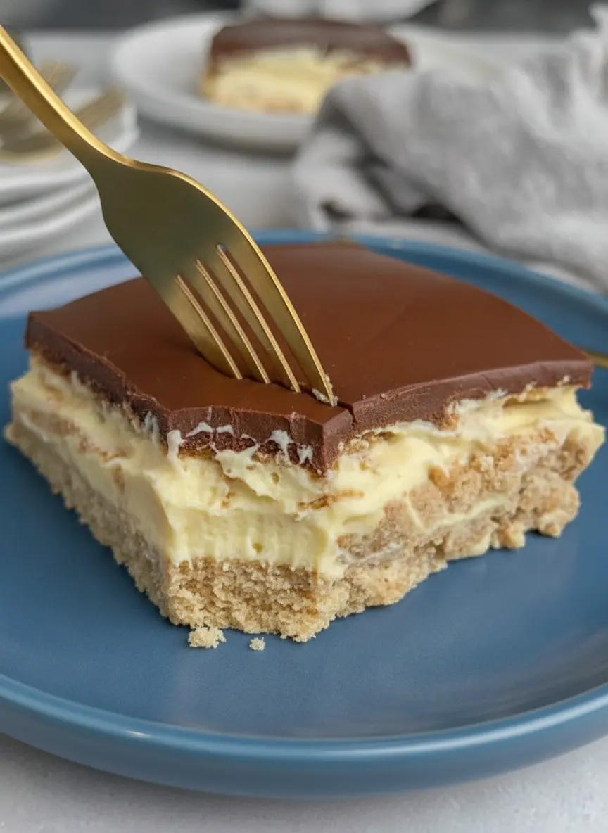 An overhead shot of ingredients for No-Bake Eclair Cake arranged on a rustic wooden cutting board. Two boxes of graham crackers, a glass bowl of dry vanilla pudding mix, and a vintage glass bottle of milk are positioned neatly. A small ceramic bowl of dark cocoa powder sits to the side. The scene is set on a marble surface with soft shadows and bright, natural light. 3:4 aspect ratio.