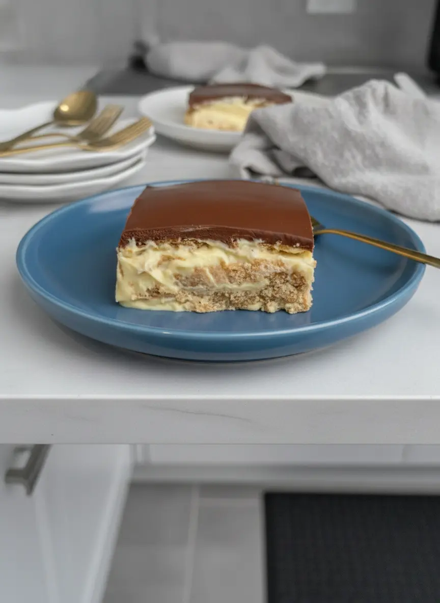 A process shot showing a glass 9x13 baking dish half-filled with the No-Bake Eclair Cake. One layer of graham crackers is visible at the bottom, topped with a smooth layer of vanilla pudding mixture. A second layer of graham crackers is being placed on top, showing the precise alignment. The dish is on a marble counter next to a wooden spoon. Clean, tidy kitchen setting with no people. 3:4 aspect ratio.
