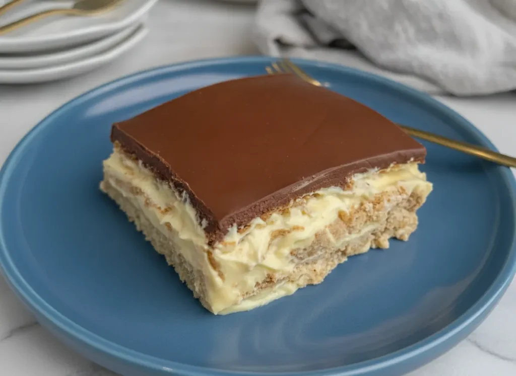 A high-angle hero shot of a single rectangular slice of No-Bake Eclair Cake on a minimalist white ceramic plate. The slice clearly shows three layers of softened graham crackers alternating with thick, pale yellow vanilla cream. The top is covered with a perfectly smooth, flat layer of dark chocolate frosting. The plate sits on a white marble countertop with soft morning light coming from the side. In the background, a soft grey linen napkin and a blurred wooden cutting board with a small sprig of fresh mint are visible. Warm tones, clean presentation, 4:3 aspect ratio.