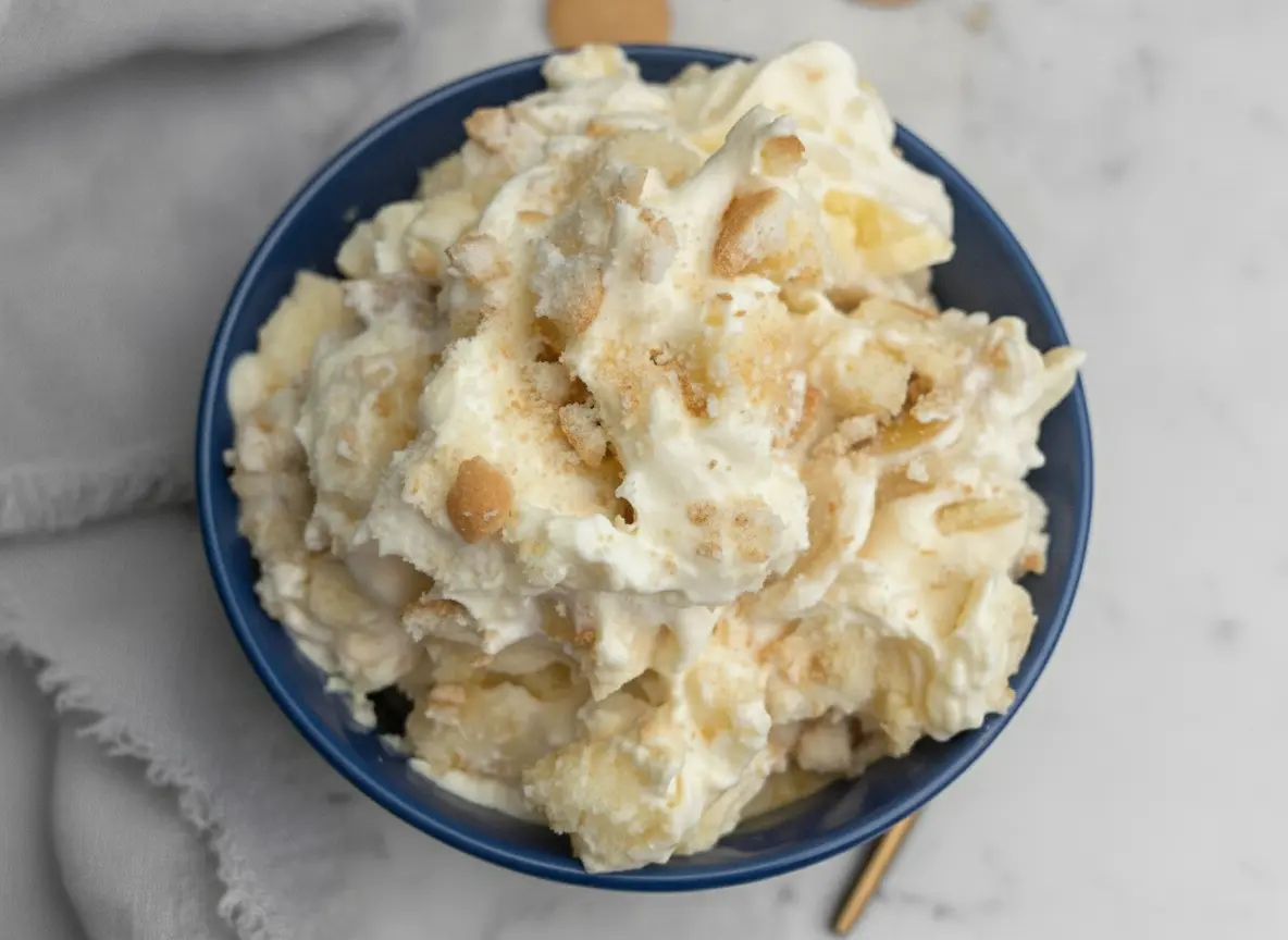 A hero shot of a large, minimalist white ceramic bowl filled with Pound Cake Banana Pudding. The pudding is piled high with fluffy white peaks, visible golden pound cake cubes, and sliced bananas. The bowl sits on a white marble countertop with a soft wooden cutting board in the background. Natural morning light streams from the side, creating soft shadows. Warm tones, clean and tidy presentation, no people.