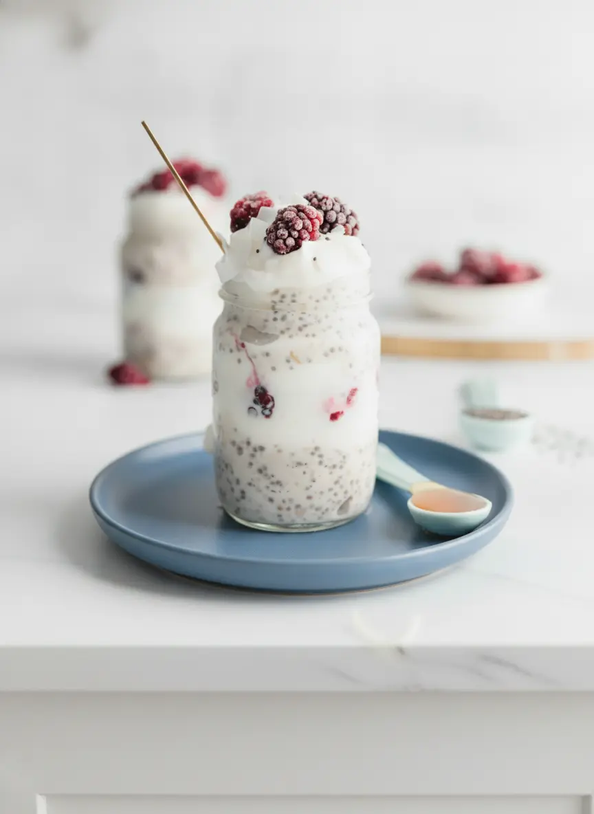 A process shot showing a clear glass mason jar half-filled with the oat and coconut milk mixture. Frozen blackberries and raspberries are suspended in the creamy white liquid, creating vivid streaks of deep red and purple. The jar sits on a marble counter next to a wooden spoon. The lighting is warm and airy, emphasizing the clean and tidy presentation of the kitchen.