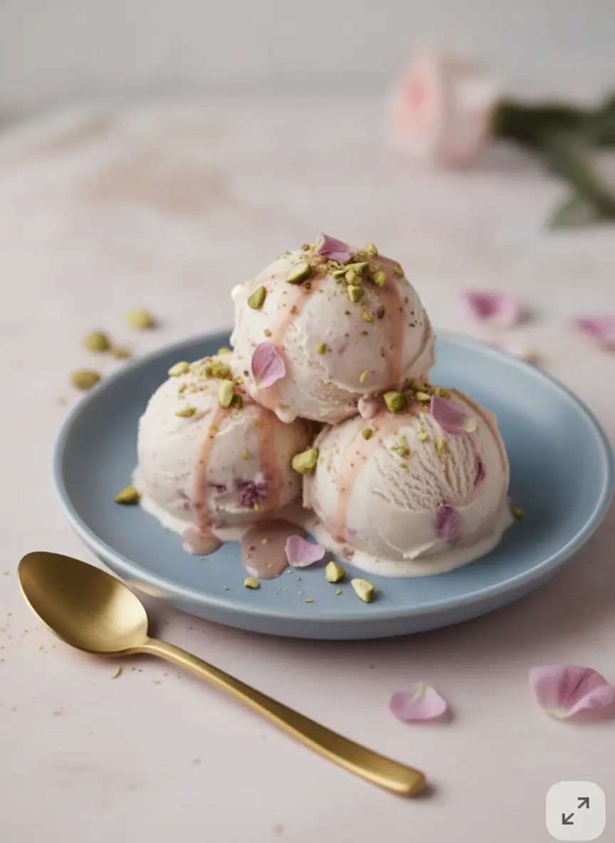A process shot of a ceramic bowl containing a thick, white cheesecake ice cream base. Vivid magenta rose syrup is being swirled into the cream with a thin skewer, creating elegant marble patterns. No hands are visible. The setting is a bright kitchen with wood accents.