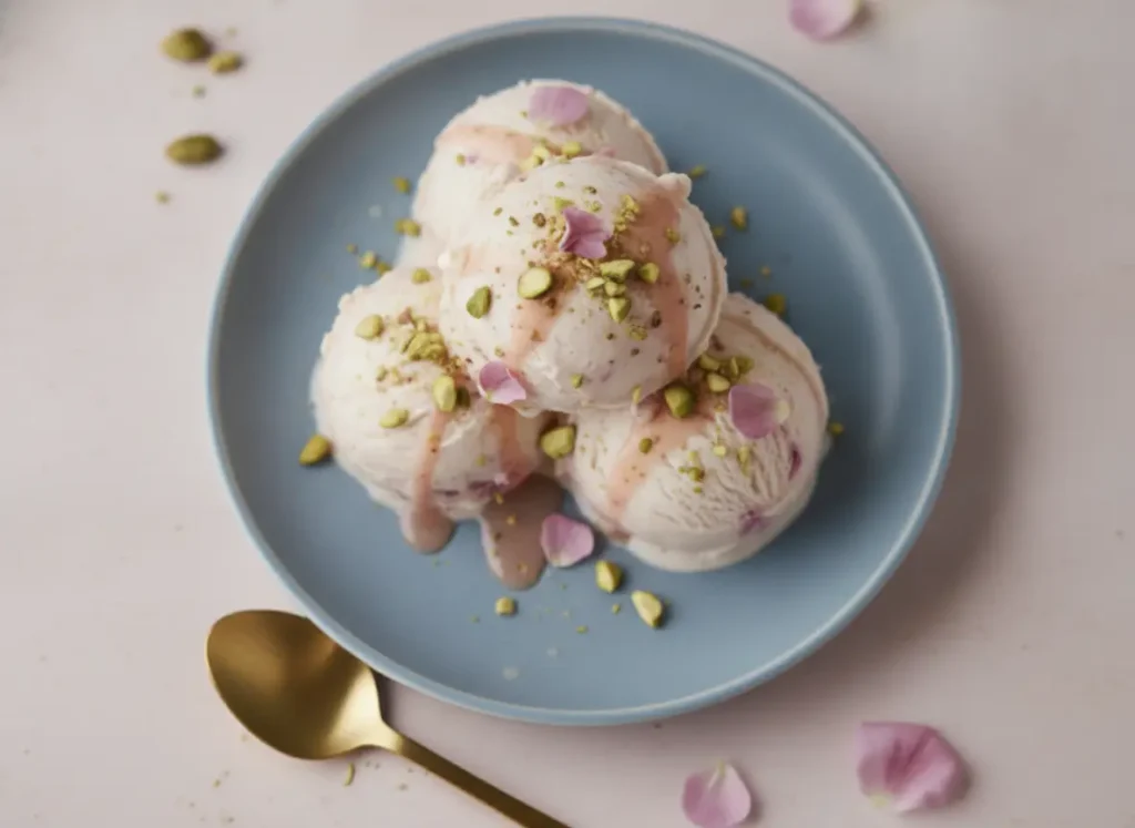 A hero shot of two large scoops of Rose Pistachio Cheesecake Ice Cream stacked on a minimalist matte coral plate. The ice cream is a pale off-white with vibrant magenta rose swirls, topped with bright green chopped pistachios and delicate pink dried rose petals. A gold spoon sits beside the plate on a white marble countertop. Soft morning light enters from the side, creating gentle shadows. Fresh herbs and a wooden cutting board are blurred in the background.
