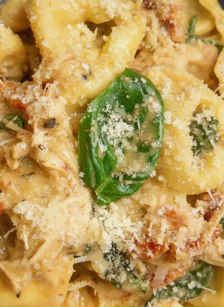 A 3:4 close-up of the raw ingredients for Slow Cooker Marry Me Tortellini. Chopped sun-dried tomatoes in oil, fresh green spinach, and a wedge of parmesan cheese are arranged on a rustic wooden cutting board. The scene is set on a white marble countertop under soft, natural window light.